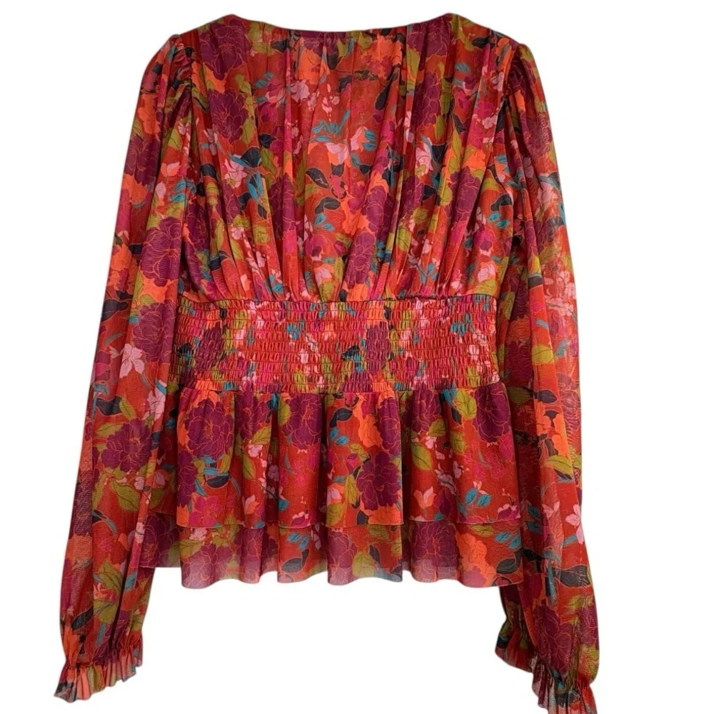 DR2 Daniel Rainn Mesh Floral Babydoll Top Sz. XS Orange Red Peplum Smocked Y2K - Picture 5 of 12